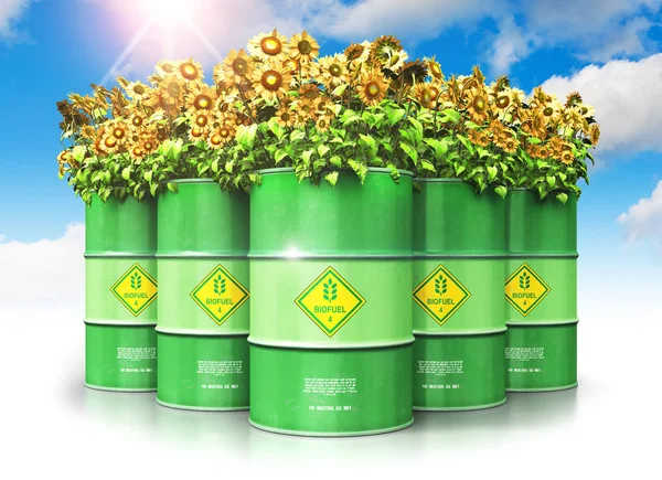 Yaratıcı soyut ekoloji, alternatif sürdürülebilir enerji ve çevre koruma tasarruf iş kavramı: 3d render illüstrasyon grup yeşil metal biyoyakıt davul veya c ile mavi gökyüzü karşı sarı ayçiçeği çiçekli biyodizel varil