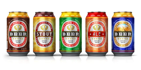 Resimde kümesi veya farklı renk metal teneke kutular hafif lager, İrlandalı stout, İngiliz ale, beyaz arka planda yansıma etkisi ile izole karanlık ve buğday bira ile ürün yelpazesine yaratıcı soyut 3d render