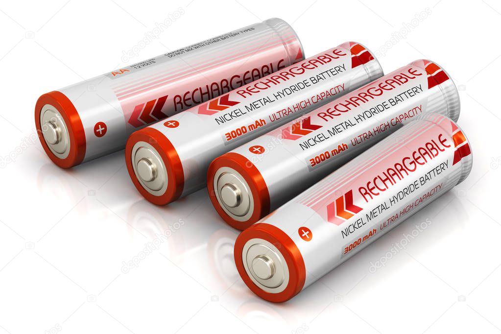 Creative abstract 3D render illustration of the group of four color AA type size batteries isolated on white background with reflection effect