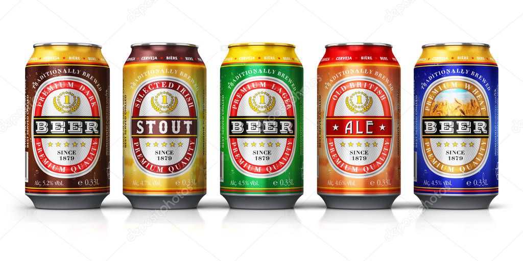 Creative abstract 3D render illustration of the set or assortment of different color metal tin cans with light lager, Irish stout, British ale, dark and wheat beer isolated on white background with reflection effect