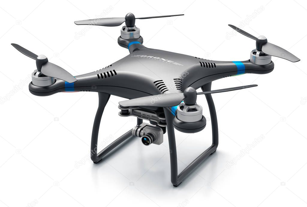 Creative abstract 3D render illustration of professional remote controlled wireless black RC quadcopter drone with 4K video and photo camera for aerial photography isolated on white background with reflection effect