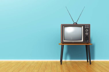 İllüstrasyon mavi duvar arka plan ve ahşap tahta zemin odasında karşı masada anten ile ayarla eski retro Tv televizyon yaratıcı soyut 3d render