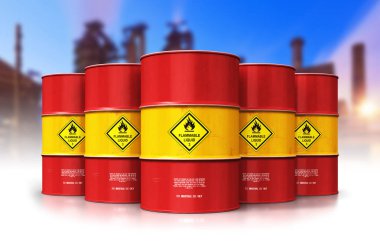 Üretim ve iş kavramı ticaret yaratıcı soyut petrol ve gaz endüstrisi: 3d render illüstrasyon kırmızı metal petrol varilleri veya petrol varil rafineri önünde Grubu'nun yansıma etkisi ile izole üzerinde beyaz arka plan bitki