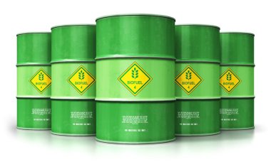 Yaratıcı soyut ekoloji, alternatif sürdürülebilir enerji ve çevre koruma tasarruf iş kavramı: Grup yeşil metal biyoyakıt davul veya biyodizel 3d render illüstrasyon izole üzerinde beyaz arka plan yansıma etkisi ile varil