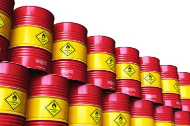 Üretim ve iş kavramı ticaret yaratıcı soyut petrol ve gaz endüstrisi: 3d render illüstrasyon kırmızı metal petrol varilleri veya petrol yığılmış satır grubunu ile endüstriyel depolama ambarının varil üzerinde izole beyaz arka plan