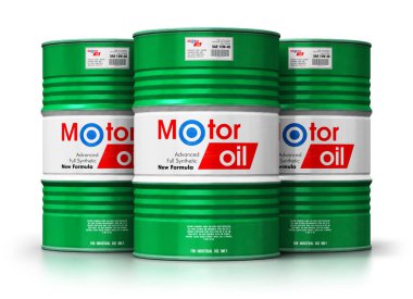 Yaratıcı soyut Otomotiv Sanayi ve otomatik tamir servis ve bakım kavramı: 3d render illüstrasyon yeşil metal grubunun davul kutu veya varil konteyner üzerinde beyaz backg izole araba motor motor sıvı sentetik yağ yağı ile