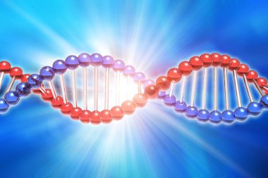 Yaratıcı soyut Dna genetik araştırma bilimsel tıbbi teknoloji analiz kavramı: Dna molekül yapısı ve araştırma verileri Siber 3d render çizimi
