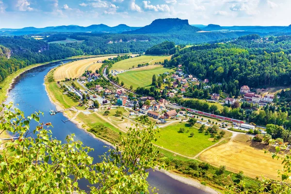 Schilderachtige Zomer Luchtfoto Panorama Van Rivier Elbe Rathen Saksen Gezien — Stockfoto
