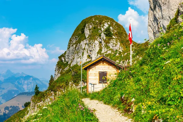 Létě Pohled Dřevěný Domek Domácí Nebo Chalupě Švýcarské Státní Státní — Stock fotografie