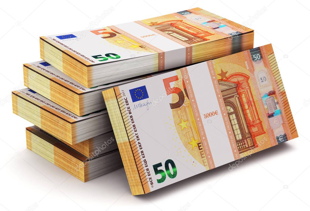 Creative abstract banking, money making and business success financial concept: 3D render illustration of the heap of stacks of 50 Euro banknotes isolated on white background