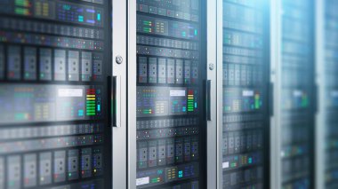 Modern web ağ ve Internet telekomünikasyon teknolojisi, büyük veri depolama ve bulut bilgisayar servisi iş kavramı: sunucu odası iç seçici odak etkisi ile veri merkezlerinde makro görünümü 3d render çizimi