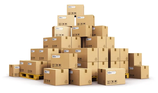Montones de cajas de cartón en paletas de envío — Foto de Stock