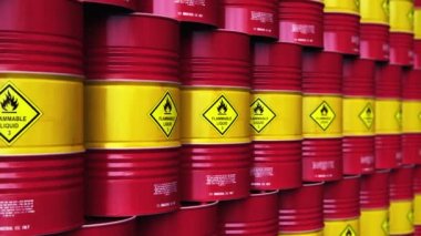 Üretim ve iş kavramı ticaret yaratıcı soyut petrol ve gaz endüstrisi: 3d render illüstrasyon kırmızı metal petrol varilleri yığılmış bir satır içeren Endüstriyel depo veya petrol varil seçici odak etkisi ile Grup