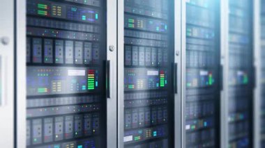 Modern web ağ ve Internet telekomünikasyon teknolojisi, büyük veri depolama ve bulut bilgisayar servisi iş kavramı: sunucu odası iç seçici odak etkisi ile veri merkezlerinde makro görünümü 3d render çizimi