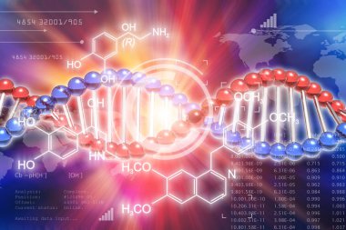 Yaratıcı soyut Dna genetik araştırma bilimsel tıbbi teknoloji analiz kavramı: Dna molekül yapısı ve araştırma verileri Siber 3d render çizimi