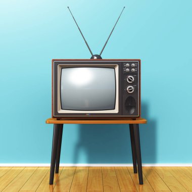 İllüstrasyon mavi duvar arka plan ve ahşap tahta zemin odasında karşı masada anten ile ayarla eski retro Tv televizyon yaratıcı soyut 3d render