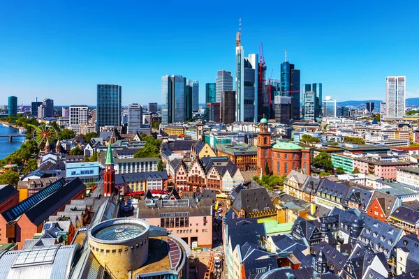 Scenic summer aerial view of the business corporate downtown bank district with high tall skyscraper buildings in Frankfurt am Main, Germany