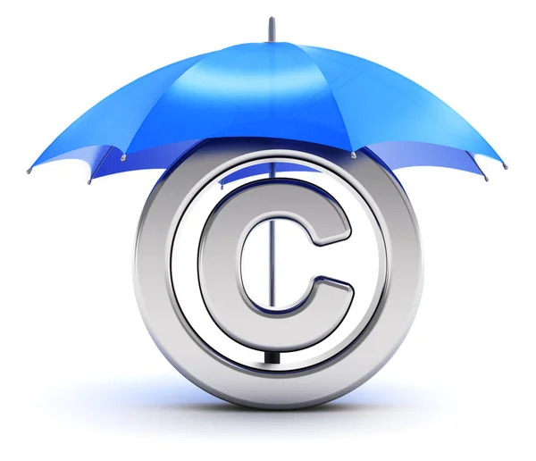 创造性抽象知识产权保护 专利和商标法技术理念 渲染银色金属的闪光标记在白色背景下被孤立的红色雨伞覆盖的版权商标符号 — 图库照片