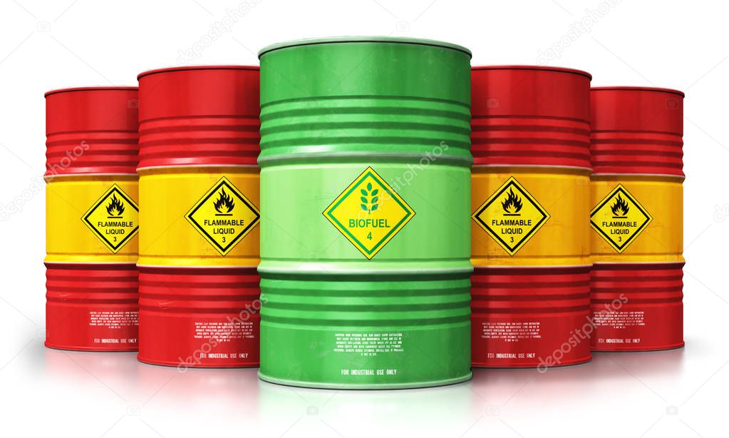 Creative abstract ecology, alternative sustainable energy and environment protection saving business concept: 3D render illustration of green biofuel or biodiesel barrel in front of the group of red metal oil, petroleum or gas drums isolated on white