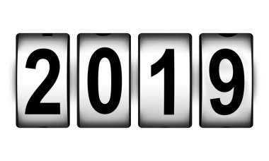 Yaratıcı soyut yeni yıl 2019 başlayan kutlama kavram: countdown timer saat beyaz arka plan üzerinde izole 2019 sayı metin ile 3d render çizimi