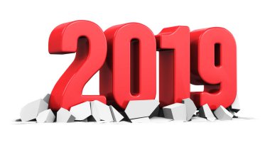 3D render illüstrasyon kavramı kırmızı yaratıcı soyut yeni yıl 2019 tatil başlangıcı kutlama kırık yüzeyi beyaz arka plan üzerinde izole