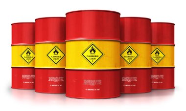 Üretim ve iş kavramı ticaret yaratıcı soyut petrol ve gaz endüstrisi: 3d render illüstrasyon grup kırmızı metal petrol varilleri veya petrol varil üzerinde izole beyaz arka plan yansıma etkisi ile