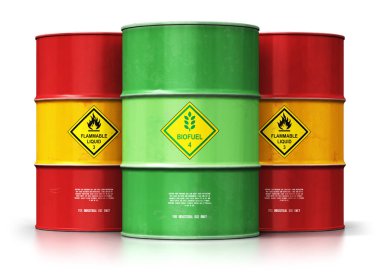 Yaratıcı soyut ekoloji, alternatif sürdürülebilir enerji ve çevre koruma tasarruf iş kavramı: 3d render illüstrasyon kırmızı metal grup önünde yeşil biyoyakıt veya biyodizel varil petrol, petrol veya gaz davul üzerinde beyaz izole