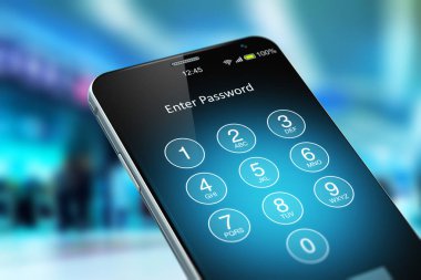 Yaratıcı soyut Mobil Internet web iletişim güvenliği ve emniyeti iş ticari kavramı: modern siyah parlak dokunmatik akıllı telefon veya cep telefonu ile 3d render örnek girmek parola doğrulama ekran Havaalanı terminal 