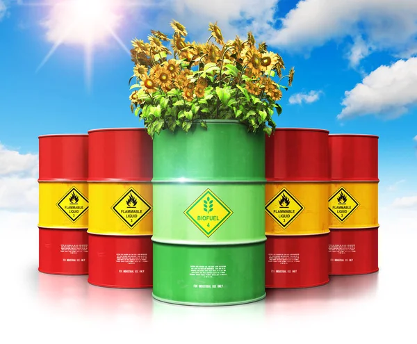創造的な抽象的なエコロジー 持続可能なエネルギー 環境保護ビジネス コンセプトを保存 赤い金属オイル 石油のグループの前に黄色のひまわりの花と緑のバイオ燃料やバイオディーゼルのバレルの レンダリング図 — ストック写真