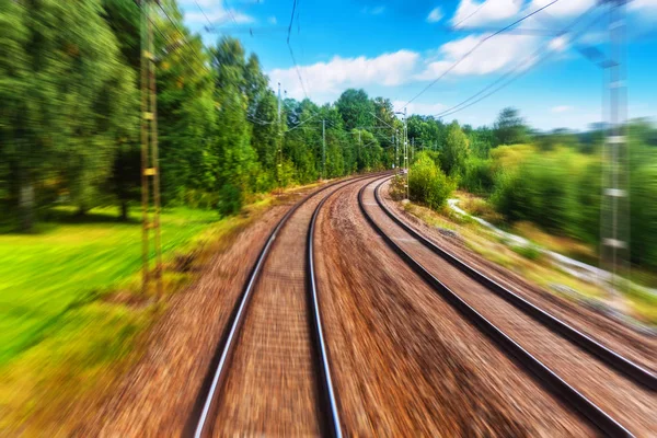 Train Driver Cabin View Railroad Tracks Summer Motion Blur Effect — Stock Photo, Image