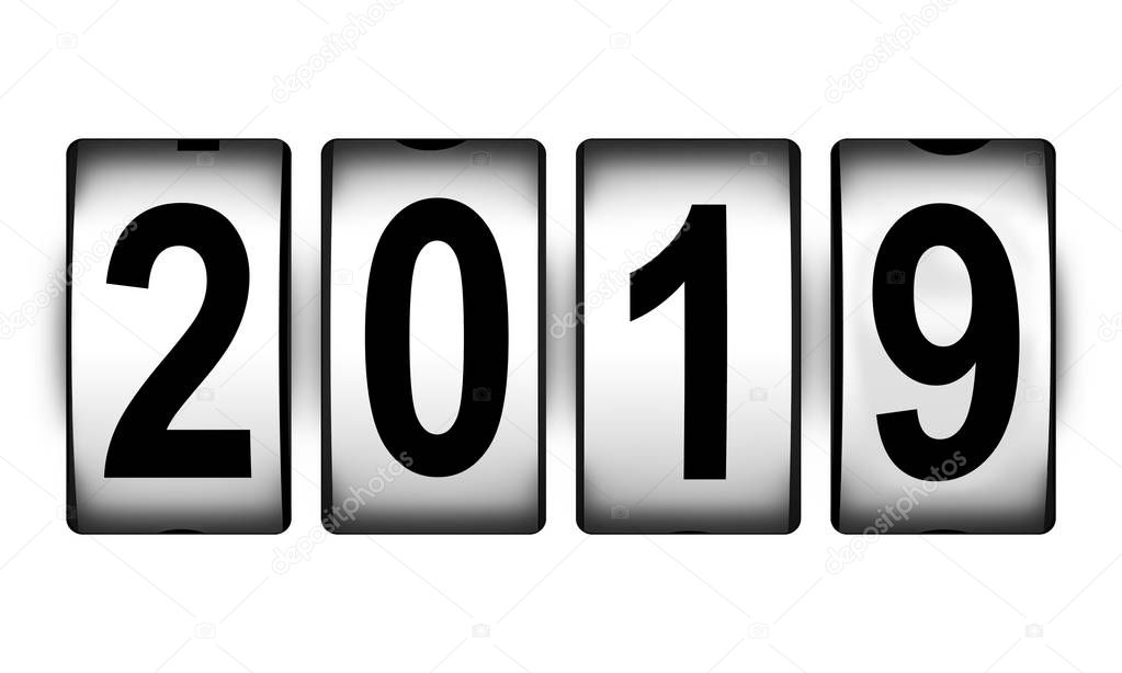 Creative abstract New Year 2019 beginning celebration concept: 3D render illustration of countdown timer clock with 2019 number text isolated on white background