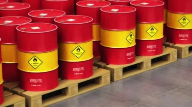 Üretim ve iş kavramı ticaret yaratıcı soyut petrol ve gaz endüstrisi: 3d render video grup Endüstriyel depo kırmızı metal petrol varilleri yığılmış bir satır içeren veya petrol varil seçici odak etkisi ile