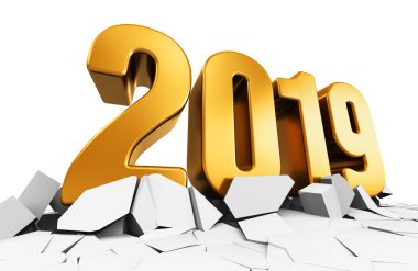 3D altın yaratıcı soyut yeni yıl 2019 tatil başlangıcı kutlama kavramı kırık yüzeyi beyaz arka plan üzerinde izole çizimi işlemek