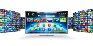 Yaratıcı soyut web streaming medya Tv video hizmeti teknolojisi, multimedya iş internet iletişimi ve sinema içerik üretim kavramı: modern 3d render illüstrasyon akıllı televizyon ekranı göstermek sınıf başkanı ile sonsuz duvarlarının eğri