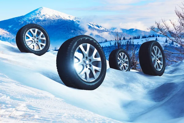 創造的な抽象的な自動車産業 サービス メンテナンス修理ビジネス技術の自動車の概念 オフロード冬用タイヤまたはタイヤ自然屋外風景の雪の上での Suv 車の車輪のセットの レンダリング図 — ストック写真