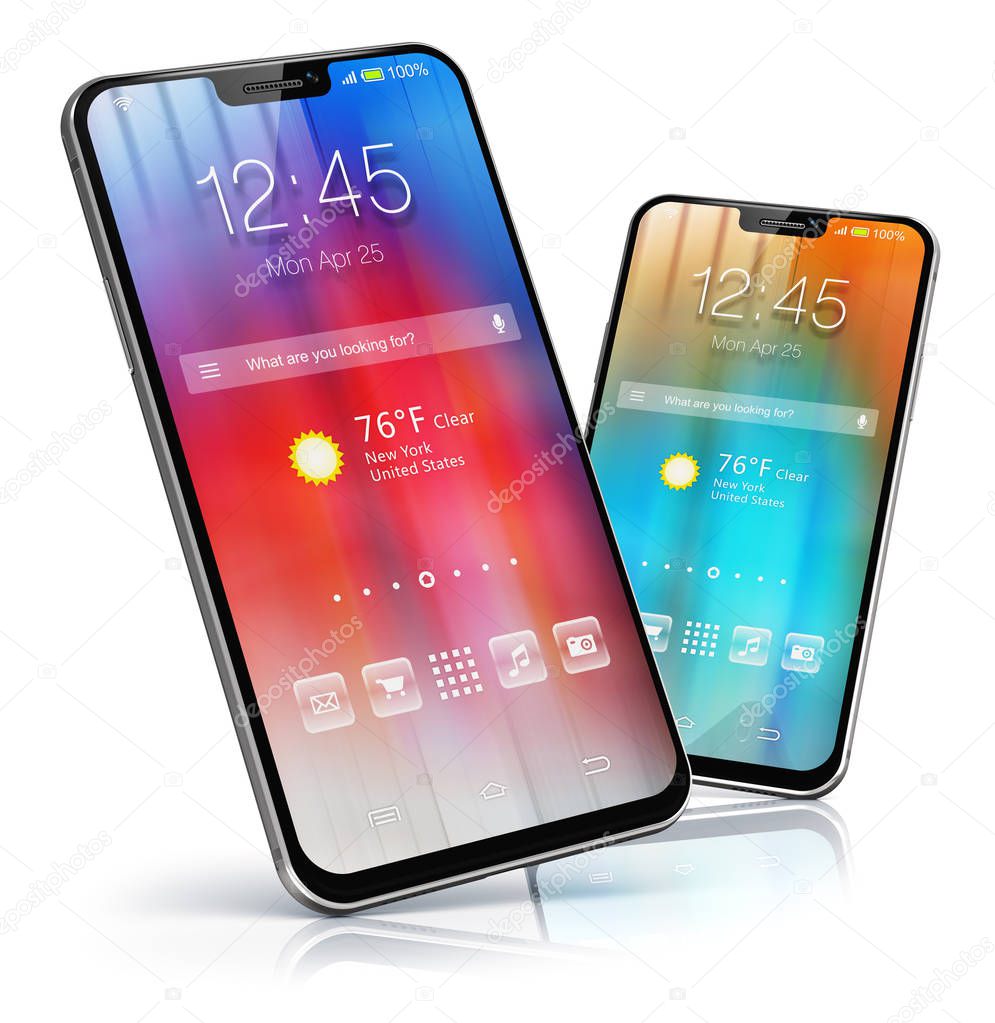 Creative abstract mobile phone wireless communication technology and mobility business office concept: 3D render illustration of modern metal black glossy touchscreen smartphone with colorful application interface with color icons and buttons isolate