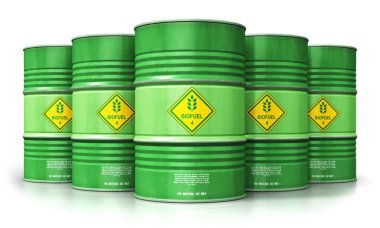 Yaratıcı soyut ekoloji, alternatif sürdürülebilir enerji ve çevre koruma tasarruf iş kavramı: Grup yeşil metal biyoyakıt davul veya biyodizel 3d render illüstrasyon izole üzerinde beyaz arka plan yansıma etkisi ile varil