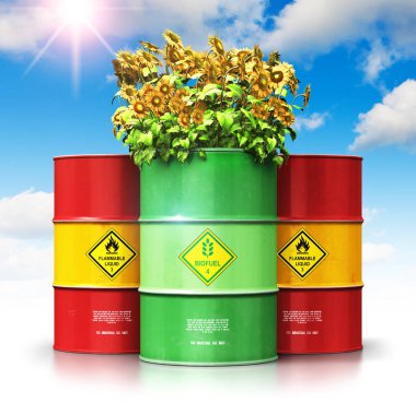 Yaratıcı soyut ekoloji, alternatif sürdürülebilir enerji ve çevre koruma tasarruf iş kavramı: 3d render illüstrasyon kırmızı metal petrol, petrol grup önünde sarı ayçiçeği çiçekli yeşil biyoyakıt veya biyodizel varil