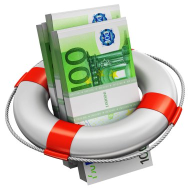 Yaratıcı soyut bankacılık, muhasebe finans yatırım riski ve finansal başarı geliştirme ve büyüme kavramı: 100 Euro kağıt para banknot şişme yüzük cankurtaran kemer veya whit üzerinde izole şamandıra demetleri 3d render çizimi