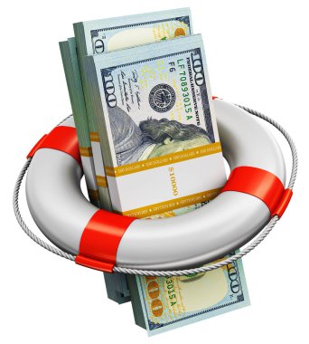 Yaratıcı soyut bankacılık, muhasebe finans yatırım riski ve finansal başarı geliştirme ve büyüme kavramı: bize doları kağıt para banknot şişme içinde halka cankurtaran kemer veya üzerinde izole şamandıra 100 demetleri 3d render çizimi