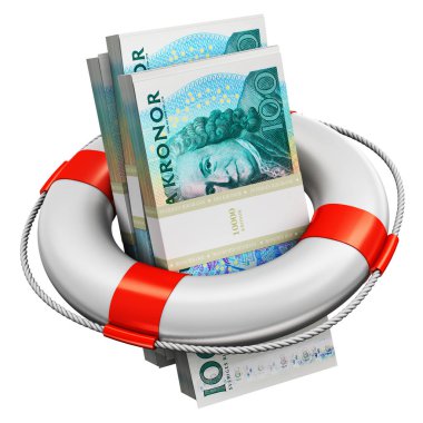 Yaratıcı soyut bankacılık, muhasebe finans yatırım riski ve finansal başarı geliştirme ve büyüme kavramı: hava ile şişirilen 100 İsveç Kronu kağıt para banknot desteleri 3d render gösterimi çalmak cankurtaran kemer ya da izole etmek şamandıra