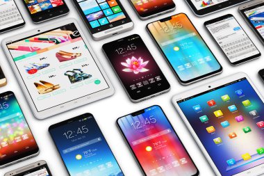 Yaratıcı soyut hareketlilik ve dijital kablosuz iletişim teknolojisi iş kavramı: 3d render illüstrasyon grup tablet bilgisayar Pc ve modern dokunmatik akıllı telefonlar veya mobil telefon elektronik aygıtı cihazlar çeşitli internet ile ap