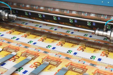 İş başarısı, finans, bankacılık, muhasebe ve para kavramı yapım: 3d render resim yazdırma 50 Euro para kağıt para Lirası üstünde baskı makinesinde tipografi