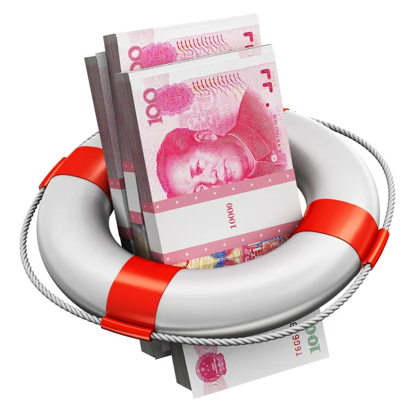 Creative abstract banking, accounting finance investment risk and financial success development and growth concept: 3D render illustration of the bundles of 100 Chinese yuan paper money banknotes in the inflatable ring lifesaver belt or buoy isolated