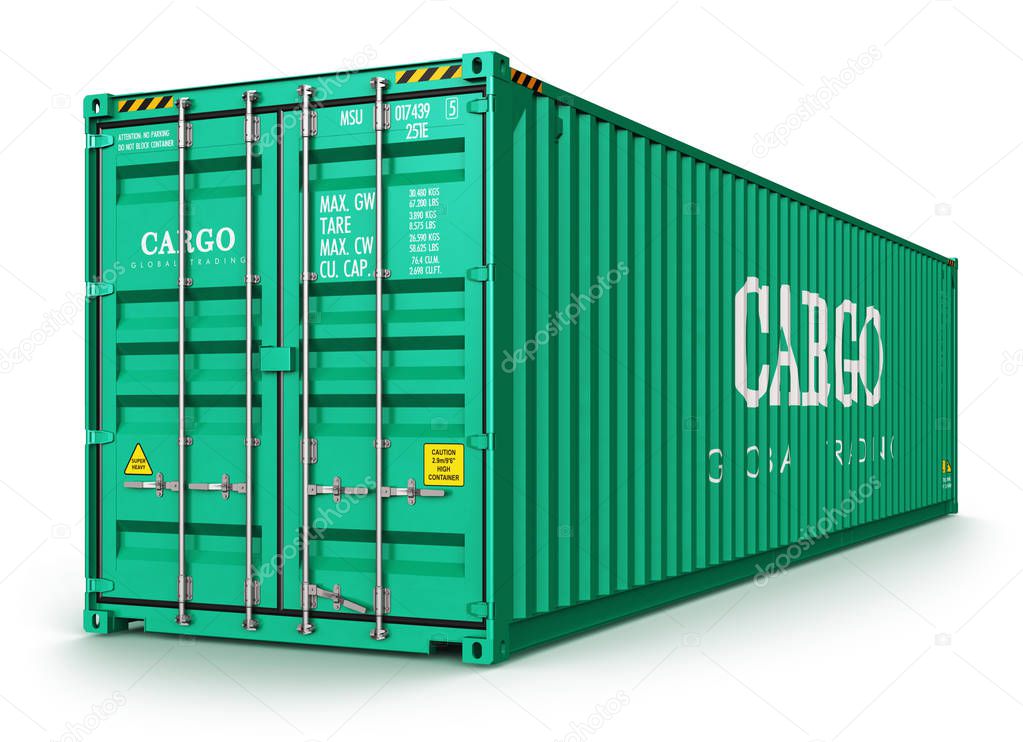Creative abstract shipping, logistics and freight transportation commercial business trading industrial concept: 3D render illustration of green 40 ft metal color cargo container isolated on white background