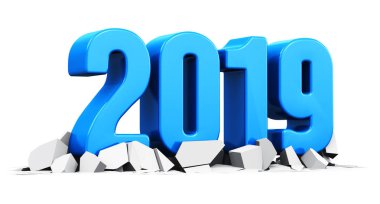 3D render illüstrasyon kavramı mavi yaratıcı soyut yeni yıl 2019 tatil başlangıcı kutlama kırık yüzeyi beyaz arka plan üzerinde izole