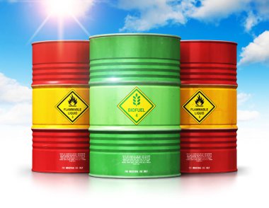Yaratıcı soyut ekoloji, alternatif sürdürülebilir enerji ve çevre koruma tasarruf iş kavramı: 3d render illüstrasyon kırmızı metal petrol, petrol veya doğal gaz davul mavi gökyüzü karşı grup önünde yeşil biyoyakıt veya biyodizel varil 