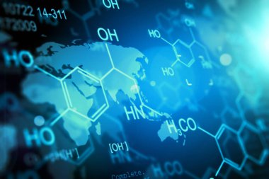 Yaratıcı soyut Kimya Dna genetik araştırma bilimsel tıbbi teknoloji analiz kavramı: kimyasal Dna molekül yapısı ve araştırma veri mavi siber 3d render çizimi