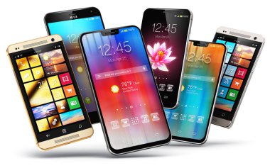 Yaratıcı soyut cep telefonu kablosuz iletişim teknolojisi ve hareketlilik iş ofis kavramı: 3d render illüstrasyon renk simgeleri ve b ile renkli uygulama arayüzü ile modern metal siyah parlak dokunmatik ekran smartphones Grubu'nun
