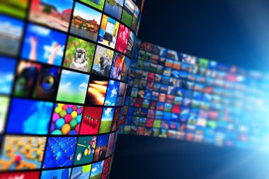 Yaratıcı soyut web streaming medya Tv video hizmeti teknolojisi, multimedya iş internet iletişimi ve sinema içerik üretim kavramı: siyah arka plan 3d render çizimi perde ile renkli fotoğraflar ve colorf sonsuz duvarları ile